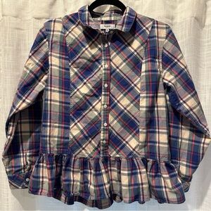 Kensie Jeans Womens Top Size Medium Plaid Peplum Long Sleeve  Button Up Shirt